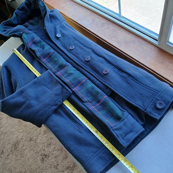 Herman Kay Wool Hooded Bib Jacket 16 Vintage 90s? warm coat navy plaid lined - Picture 12 of 13